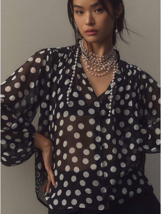 By Anthropologie Tops - Sheer Black Polka Dot Button-Front Blouse